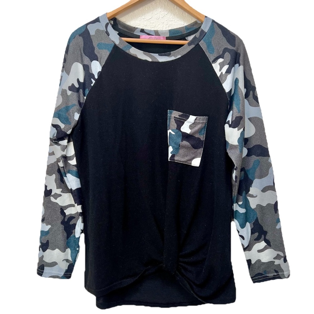 Pretty Chic Unique Womens Camo Raglan Twist Front Long Sleeve Top Black Large